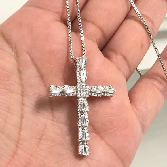 18k White Gold Filled CZ Cross Necklace - Picture 4 of 7